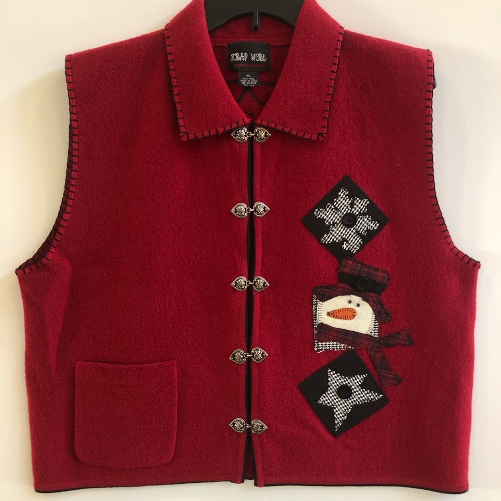 Scrap Work Wool Red Snowman Sweater Vest Women’s XL Metal Clasp Front Holiday